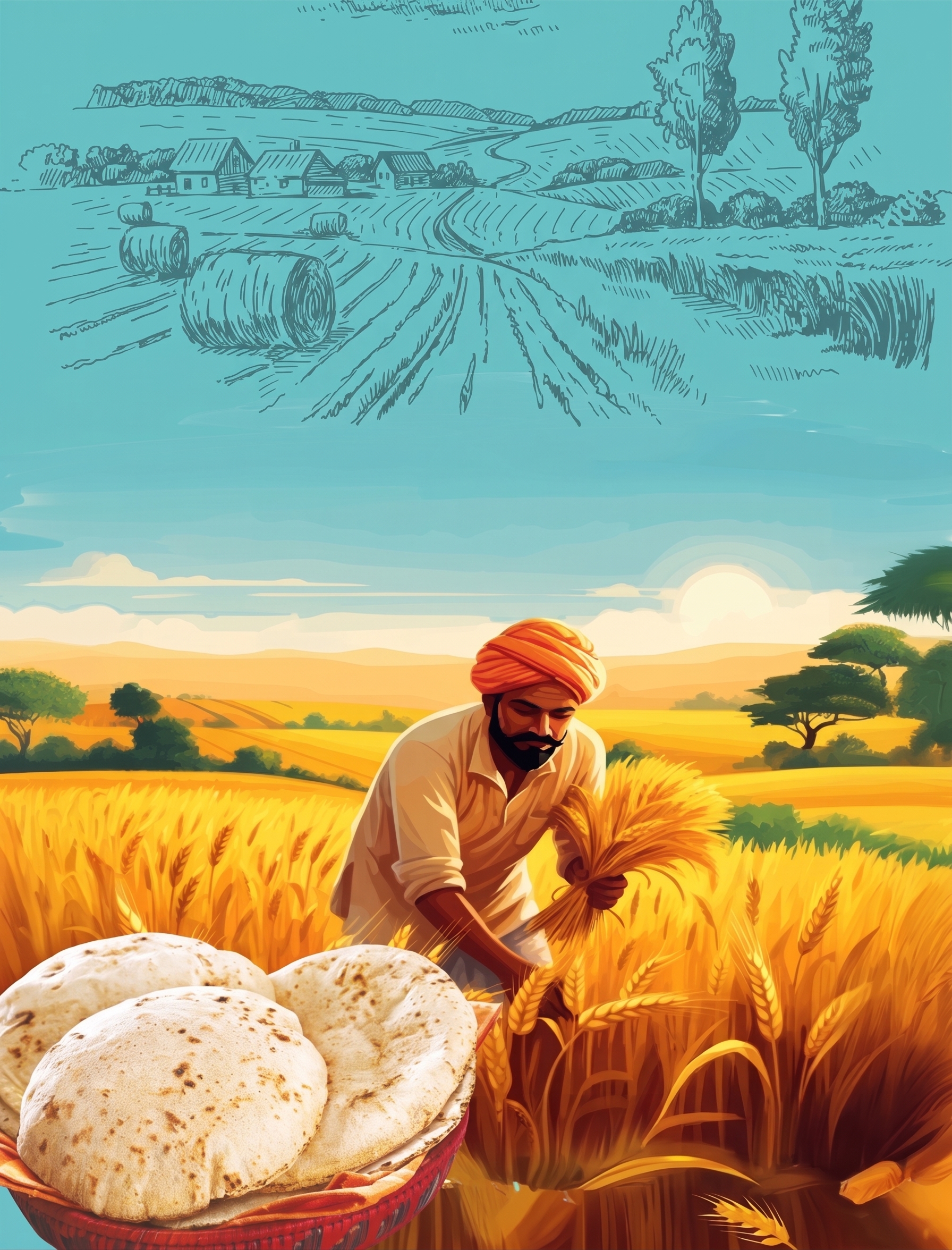 Illustration of a farmer in a golden wheat field